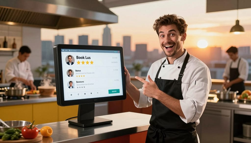A professional, dynamic scene showcasing a chef standing proudly in front of a sleek digital interface displaying profile ratings and reviews in the foreground. The chef, dressed in a crisp, white chef's jacket and a black apron, appears excited and enthusiastic as they point at the screen, symbolizing their growth in bookings. In the middle ground, a modern kitchen with vibrant colors and cooking tools reflects an active culinary environment. In the background, a beautiful city skyline at sunset, flooding the scene with warm, golden light, creating an optimistic and motivational mood. Use a shallow depth of field to focus on the chef while softly blurring the background, enhancing the sense of achievement and professionalism in this bustling marketplace. A professional, dynamic scene showcasing a chef standing proudly in front of a sleek digital interface displaying profile ratings and reviews in the foreground. The chef, dressed in a crisp, white chef's jacket and a black apron, appears excited and enthusiastic as they point at the screen, symbolizing their growth in bookings. In the middle ground, a modern kitchen with vibrant colors and cooking tools reflects an active culinary environment. In the background, a beautiful city skyline at sunset, flooding the scene with warm, golden light, creating an optimistic and motivational mood. Use a shallow depth of field to focus on the chef while softly blurring the background, enhancing the sense of achievement and professionalism in this bustling marketplace.