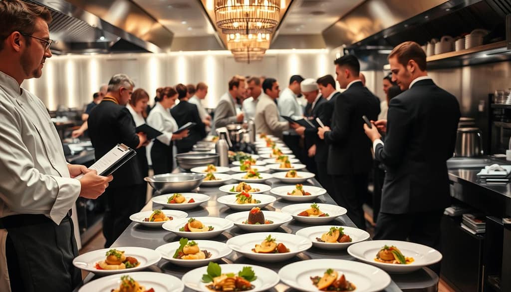 A professional kitchen environment bustling with activity, showcasing a diverse team of chefs and staff coordinating seamlessly during a private chef event. In the foreground, a well-dressed chef with a clipboard directs the flow of service, surrounded by team members in professional attire working at various stations. In the middle ground, elegantly plated gourmet dishes are being prepared and attentively arranged, illustrating meticulous attention to detail. The background fills with soft lighting, creating a warm, inviting atmosphere, with hints of upscale dining settings and decorative elements that suggest exclusivity. Capture the scene from a slightly elevated angle to emphasize movement and collaboration, enhancing the sense of organized chaos that defines efficient staff coordination in luxury service delivery.