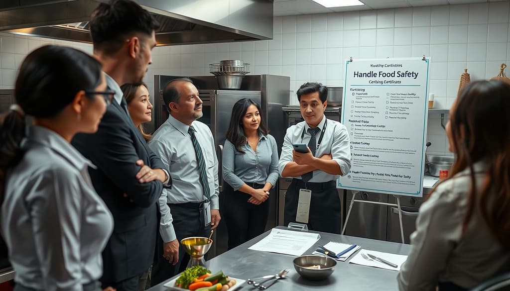 A professional kitchen setting where a food handler certification process is taking place. In the foreground, a diverse group of individuals in neat business attire are engaged in a training session, with one person demonstrating proper food safety techniques. The middle ground features a large certification poster outlining food safety guidelines and a checklist on a table, surrounded by various kitchen utensils. The background reveals a well-equipped kitchen with stainless steel appliances and neatly organized ingredients, conveying a sense of cleanliness and professionalism. Soft, natural lighting illuminates the scene, creating a warm and inviting atmosphere that emphasizes the importance of health permits and food safety. The angle is slightly elevated, capturing the interaction between the trainees and the instructor, focusing on their engaged expressions.