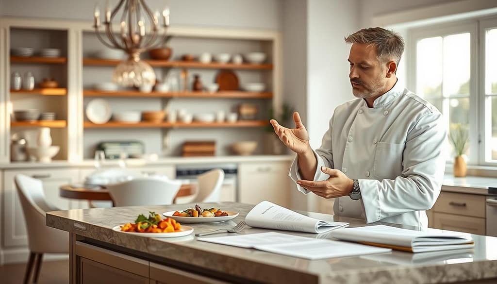 A professional scene depicting a private chef negotiating a client property liability insurance strategy in a bright, well-decorated kitchen setting. In the foreground, the chef, dressed in a crisp white chef's jacket, is gesturing thoughtfully while reviewing insurance documents laid out on a kitchen island. The middle ground features an elegantly arranged dining area with gourmet dishes, emphasizing culinary expertise. The background showcases shelves filled with high-end kitchenware and a window letting in natural light, creating a warm and inviting atmosphere. The composition highlights the importance of protecting culinary businesses, with a soft focus on the chef’s determined expression. The overall mood is one of professionalism and assurance, captured with a shallow depth of field to accentuate the subject. A professional scene depicting a private chef negotiating a client property liability insurance strategy in a bright, well-decorated kitchen setting. In the foreground, the chef, dressed in a crisp white chef's jacket, is gesturing thoughtfully while reviewing insurance documents laid out on a kitchen island. The middle ground features an elegantly arranged dining area with gourmet dishes, emphasizing culinary expertise. The background showcases shelves filled with high-end kitchenware and a window letting in natural light, creating a warm and inviting atmosphere. The composition highlights the importance of protecting culinary businesses, with a soft focus on the chef’s determined expression. The overall mood is one of professionalism and assurance, captured with a shallow depth of field to accentuate the subject.