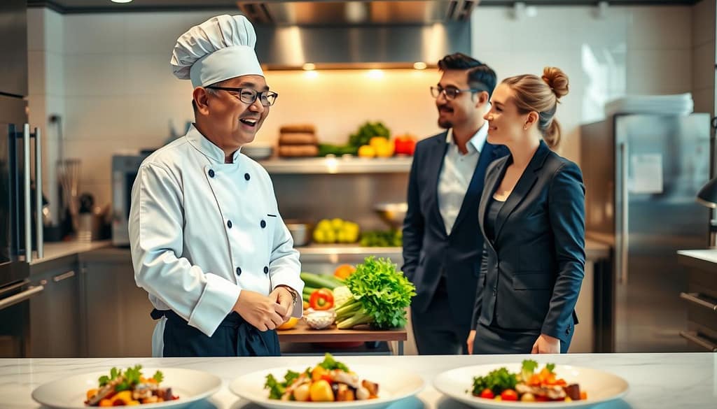 A sophisticated chef in a modern, bustling kitchen, surrounded by high-quality culinary tools and fresh ingredients. In the foreground, the chef, a middle-aged person of Asian descent in a crisp white uniform and a black apron, is enthusiastically discussing a referral program with a professional-looking assistant, who wears smart casual attire. The middle ground features a sleek, elegant table displaying beautifully plated gourmet dishes, symbolizing high-end catering. The background shows warm lighting that highlights the kitchen's stainless steel appliances and fresh produce arrangement, creating an inviting and dynamic atmosphere. The setting conveys professionalism, success, and the excitement of culinary collaboration, emphasizing the concept of referrals in a culinary brand-building context. The image should have a slightly blurred depth of field to focus on the engaging conversation at the forefront. A sophisticated chef in a modern, bustling kitchen, surrounded by high-quality culinary tools and fresh ingredients. In the foreground, the chef, a middle-aged person of Asian descent in a crisp white uniform and a black apron, is enthusiastically discussing a referral program with a professional-looking assistant, who wears smart casual attire. The middle ground features a sleek, elegant table displaying beautifully plated gourmet dishes, symbolizing high-end catering. The background shows warm lighting that highlights the kitchen's stainless steel appliances and fresh produce arrangement, creating an inviting and dynamic atmosphere. The setting conveys professionalism, success, and the excitement of culinary collaboration, emphasizing the concept of referrals in a culinary brand-building context. The image should have a slightly blurred depth of field to focus on the engaging conversation at the forefront.