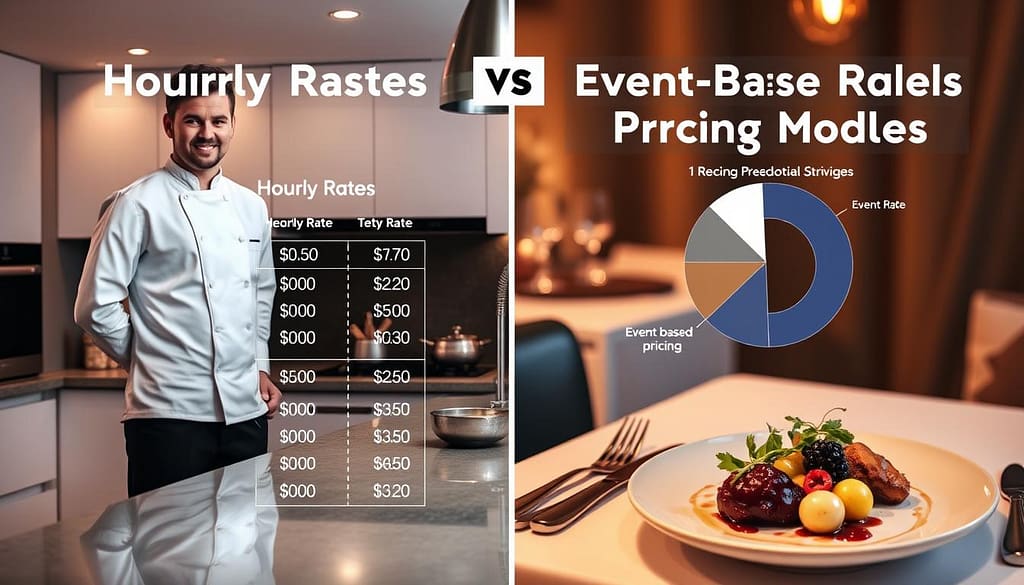 A split-screen visual illustrating "Hourly Rates vs Event-Based Pricing Models" for personal chef services. On the left, a professional chef stands confidently at a kitchen counter, showcasing a neatly arranged hourly rate chart with visual elements like clocks and dollar signs; the chef is dressed in a crisp white chef coat, emphasizing professionalism. The background features a well-lit, modern kitchen with sharp contrasts from soft ambient lighting. On the right, a beautifully plated gourmet dish sits elegantly on a dining table, accompanied by a pie chart illustrating event-based pricing. This side is adorned with soft, warm lighting, creating an inviting atmosphere. The overall mood transitions from structured professionalism to indulgent luxury, connecting the two pricing models seamlessly.