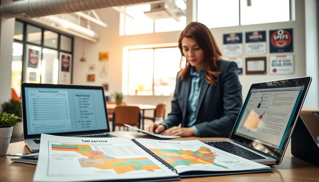 A visually engaging scene depicting a professional workspace focused on food service permits and state requirements. In the foreground, a neatly organized desk featuring an open document folder filled with colorful state maps and application forms, alongside a laptop displaying a spreadsheet of registration details. In the middle ground, a modern co-working space with natural light streaming through large windows, illuminating various certification posters on the walls, highlighting food safety and compliance. In the background, a professional-looking individual in business attire reviews materials with a focused expression. The overall atmosphere conveys a sense of diligence and professionalism, with soft lighting enhancing clarity and detail in the documents and workspace. The angle is slightly elevated, offering a comprehensive view of the setting without any texts or distractions.