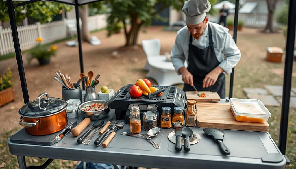A well-organized mobile cooking setup for a professional chef, featuring an array of portable chef tools such as a compact grill, utensils, cutting board, and spices. In the foreground, display a neatly arranged portable table with a chef in professional attire, skillfully preparing ingredients. The middle area should showcase an organized assortment of tools and containers, emphasizing efficiency. In the background, include a serene outdoor setting, like a backyard or park, under soft, natural lighting, suggesting a relaxed atmosphere. Use a shallow depth of field to focus on the setup, with a warm, inviting mood that highlights the ease of in-home culinary experiences. A well-organized mobile cooking setup for a professional chef, featuring an array of portable chef tools such as a compact grill, utensils, cutting board, and spices. In the foreground, display a neatly arranged portable table with a chef in professional attire, skillfully preparing ingredients. The middle area should showcase an organized assortment of tools and containers, emphasizing efficiency. In the background, include a serene outdoor setting, like a backyard or park, under soft, natural lighting, suggesting a relaxed atmosphere. Use a shallow depth of field to focus on the setup, with a warm, inviting mood that highlights the ease of in-home culinary experiences.
