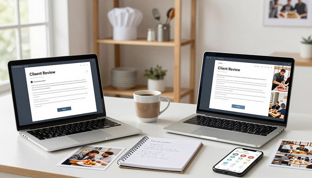 A well-organized workspace featuring a client review setup: in the foreground, a laptop displaying a glowing review on a screen, next to it, several printed photos showcasing successful events like cooking classes and gatherings. In the middle, a cup of coffee, a notepad with handwritten notes, and a smartphone with open apps representing various platforms like Cozymeal and Yelp. In the background, a tidy shelf with chef hats and utensils, bathed in soft, natural light coming from a nearby window, creating an inviting and professional atmosphere. The overall mood is optimistic and engaging, highlighting a sense of community and collaboration in a modern business setting.
