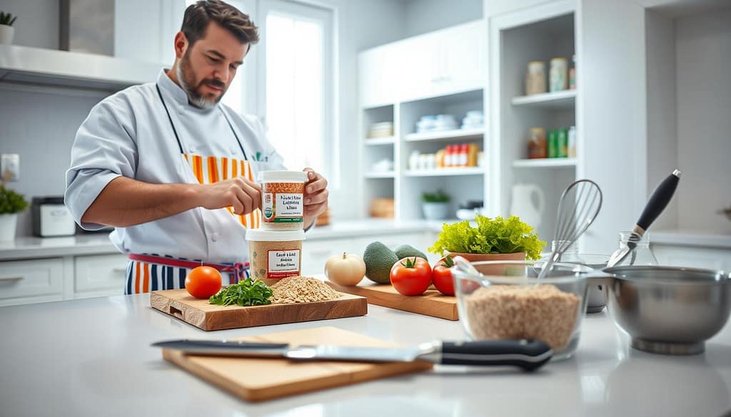 A bright and airy kitchen setting showcases a professional chef demonstrating allergy-safe cooking practices. In the foreground, the chef, dressed in a crisp white chef's coat and a colorful apron, meticulously labels kitchen containers with clear allergen warnings. Fresh, vibrant ingredients like vegetables and gluten-free grains are artfully arranged on a clean countertop. In the middle ground, a cutting board holds a knife, while a separate area displays utensils being thoroughly sanitized. The background features an organized pantry with clearly marked shelves, highlighting allergen-free products. Soft, natural lighting streams through a window, creating a warm and inviting atmosphere, emphasizing safety and cleanliness. The angle captures the chef’s focused expression, illustrating dedication to preventing cross-contamination in food preparation.