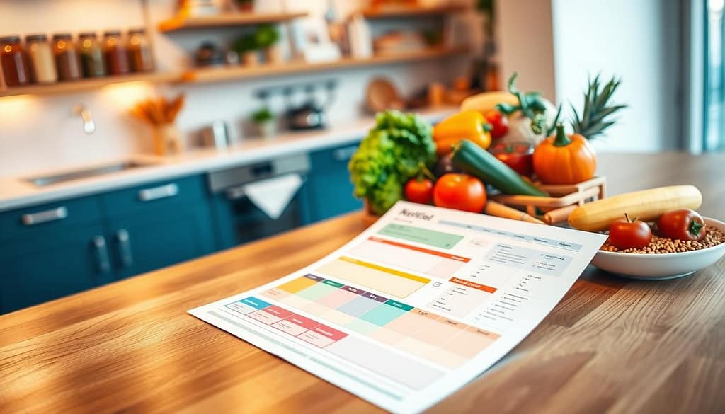 A bright, modern nutrition coaching content meal planning template laid out on a sleek wooden tabletop. In the foreground, there’s a printed meal planner featuring colorful sections for breakfast, lunch, dinner, and snacks, alongside a neatly organized nutrition checklist. To the right, fresh vegetables, fruits, and whole grains are artfully arranged, showcasing healthy eating options. In the middle ground, a vibrant kitchen environment with soft, warm lighting enhances the inviting atmosphere, suggesting a family-friendly space for meal planning. The background features shelves stocked with jars of spices and cookbooks, subtly hinting at a nurturing culinary setting. Capture this scene from a slightly overhead angle, creating depth while maintaining focus on the meal planning template and its surrounding healthy food elements. The overall mood is encouraging and educational, inspiring viewers to engage with nutritious meal planning. A bright, modern nutrition coaching content meal planning template laid out on a sleek wooden tabletop. In the foreground, there’s a printed meal planner featuring colorful sections for breakfast, lunch, dinner, and snacks, alongside a neatly organized nutrition checklist. To the right, fresh vegetables, fruits, and whole grains are artfully arranged, showcasing healthy eating options. In the middle ground, a vibrant kitchen environment with soft, warm lighting enhances the inviting atmosphere, suggesting a family-friendly space for meal planning. The background features shelves stocked with jars of spices and cookbooks, subtly hinting at a nurturing culinary setting. Capture this scene from a slightly overhead angle, creating depth while maintaining focus on the meal planning template and its surrounding healthy food elements. The overall mood is encouraging and educational, inspiring viewers to engage with nutritious meal planning.