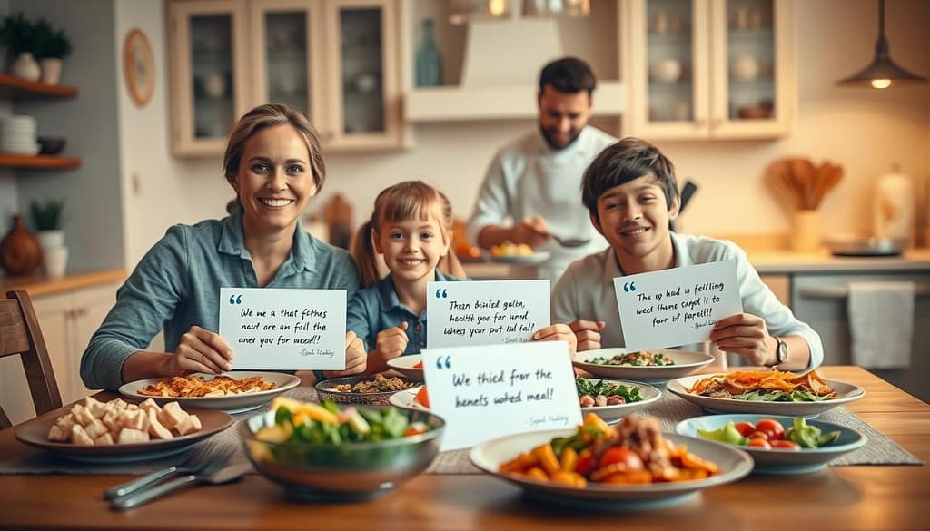 A cozy, inviting kitchen scene featuring a family gathered around a beautifully set dining table, showcasing an array of healthy, colorful dishes prepared by a personal chef. In the foreground, a smiling mother and father in casual, stylish attire share their glowing written testimonials on cards, emphasizing the benefits of home-cooked meals. The middle ground includes two children happily enjoying the meal, with expressions of delight and satisfaction. In the background, the personal chef, dressed in a crisp white apron, is seen plating food artistically, exuding professionalism. Soft, warm lighting creates a welcoming atmosphere, capturing a sense of joy and connection, with a shallow depth of field to keep the focus on the family and the chef's culinary creations. A cozy, inviting kitchen scene featuring a family gathered around a beautifully set dining table, showcasing an array of healthy, colorful dishes prepared by a personal chef. In the foreground, a smiling mother and father in casual, stylish attire share their glowing written testimonials on cards, emphasizing the benefits of home-cooked meals. The middle ground includes two children happily enjoying the meal, with expressions of delight and satisfaction. In the background, the personal chef, dressed in a crisp white apron, is seen plating food artistically, exuding professionalism. Soft, warm lighting creates a welcoming atmosphere, capturing a sense of joy and connection, with a shallow depth of field to keep the focus on the family and the chef's culinary creations.