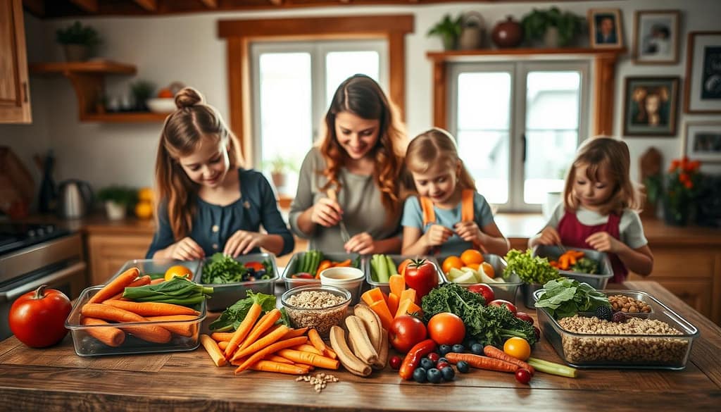 A cozy kitchen scene showcasing a family preparing healthy, seasonal meals together. In the foreground, a mother and her two children are assembling colorful back-to-school lunch boxes filled with fresh fruits, whole grains, and vegetables, all displayed on a rustic wooden countertop. The children, dressed in modest casual clothing, are engaged and excited, bringing in a sense of joy and togetherness. In the middle, a variety of ingredients like bright carrots, leafy greens, and seasonal berries are artistically arranged. The background features warm, natural light streaming through a window, enhancing the inviting atmosphere, with herb pots on the sill and family pictures on the walls. The image captures the essence of healthy family nutrition and seasonal cooking, evoking a homely, nurturing vibe. A cozy kitchen scene showcasing a family preparing healthy, seasonal meals together. In the foreground, a mother and her two children are assembling colorful back-to-school lunch boxes filled with fresh fruits, whole grains, and vegetables, all displayed on a rustic wooden countertop. The children, dressed in modest casual clothing, are engaged and excited, bringing in a sense of joy and togetherness. In the middle, a variety of ingredients like bright carrots, leafy greens, and seasonal berries are artistically arranged. The background features warm, natural light streaming through a window, enhancing the inviting atmosphere, with herb pots on the sill and family pictures on the walls. The image captures the essence of healthy family nutrition and seasonal cooking, evoking a homely, nurturing vibe.