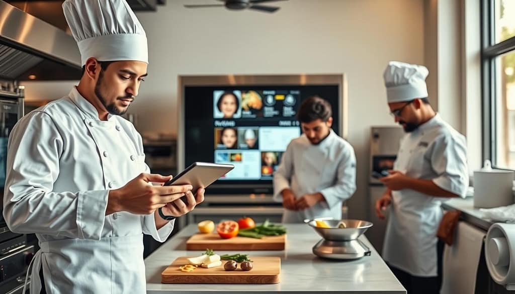 A modern kitchen environment showcasing a diverse team of professional chefs efficiently utilizing technology. In the foreground, a chef in a crisp white uniform, wearing an apron, is interacting with a sleek tablet, analyzing inventory and meal plans. In the middle ground, two chefs are collaborating over a cutting board with fresh ingredients while a smart screen displays menu options and nutritional data. The background features high-tech appliances and a large window letting in warm, natural light, creating an inviting atmosphere. The overall mood is dynamic and focused, reflecting teamwork and the seamless integration of technology in a bustling culinary setting. Shot with a wide-angle lens to capture the action and details, soft shadows to create depth. A modern kitchen environment showcasing a diverse team of professional chefs efficiently utilizing technology. In the foreground, a chef in a crisp white uniform, wearing an apron, is interacting with a sleek tablet, analyzing inventory and meal plans. In the middle ground, two chefs are collaborating over a cutting board with fresh ingredients while a smart screen displays menu options and nutritional data. The background features high-tech appliances and a large window letting in warm, natural light, creating an inviting atmosphere. The overall mood is dynamic and focused, reflecting teamwork and the seamless integration of technology in a bustling culinary setting. Shot with a wide-angle lens to capture the action and details, soft shadows to create depth.