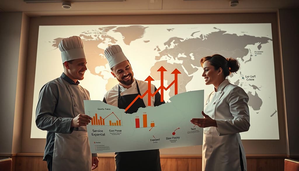 A professional and dynamic image depicting a personal chef business service expansion strategy. In the foreground, a diverse team of three chefs—two men and one woman—dressed in smart, professional attire, discussing a map with highlighted service areas. The middle layer features charts and graphs illustrating growth potential, with upward arrows symbolizing expansion. In the background, a large world map with marked cities represents new territories, bathed in natural daylight from a large window. Soft, warm lighting enhances a collaborative and ambitious atmosphere. The focus is on teamwork and strategic planning, conveying the excitement and potential of scaling a business in the culinary domain. The scene should feel vibrant, optimistic, and focused on growth. A professional and dynamic image depicting a personal chef business service expansion strategy. In the foreground, a diverse team of three chefs—two men and one woman—dressed in smart, professional attire, discussing a map with highlighted service areas. The middle layer features charts and graphs illustrating growth potential, with upward arrows symbolizing expansion. In the background, a large world map with marked cities represents new territories, bathed in natural daylight from a large window. Soft, warm lighting enhances a collaborative and ambitious atmosphere. The focus is on teamwork and strategic planning, conveying the excitement and potential of scaling a business in the culinary domain. The scene should feel vibrant, optimistic, and focused on growth.