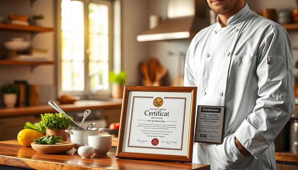 A professional chef's certification display set in a well-lit, inviting kitchen environment. In the foreground, a beautifully arranged wooden table holds various nutrition credentials, including a modern chef certificate framed elegantly, along with plaques that highlight food safety and nutrition education. In the middle ground, soft-focused kitchen tools like measuring cups, fresh vegetables, and cookbooks complement the display, suggesting a focus on healthy cooking. In the background, warm light filters through a window, casting a cozy glow on the kitchen, enhancing the atmosphere of professionalism and warmth. The mood is encouraging and aspirational, perfect for attracting health-conscious parents. The chef should be depicted in a crisp white chef's coat, exuding confidence and dedication to nutrition. A professional chef's certification display set in a well-lit, inviting kitchen environment. In the foreground, a beautifully arranged wooden table holds various nutrition credentials, including a modern chef certificate framed elegantly, along with plaques that highlight food safety and nutrition education. In the middle ground, soft-focused kitchen tools like measuring cups, fresh vegetables, and cookbooks complement the display, suggesting a focus on healthy cooking. In the background, warm light filters through a window, casting a cozy glow on the kitchen, enhancing the atmosphere of professionalism and warmth. The mood is encouraging and aspirational, perfect for attracting health-conscious parents. The chef should be depicted in a crisp white chef's coat, exuding confidence and dedication to nutrition.