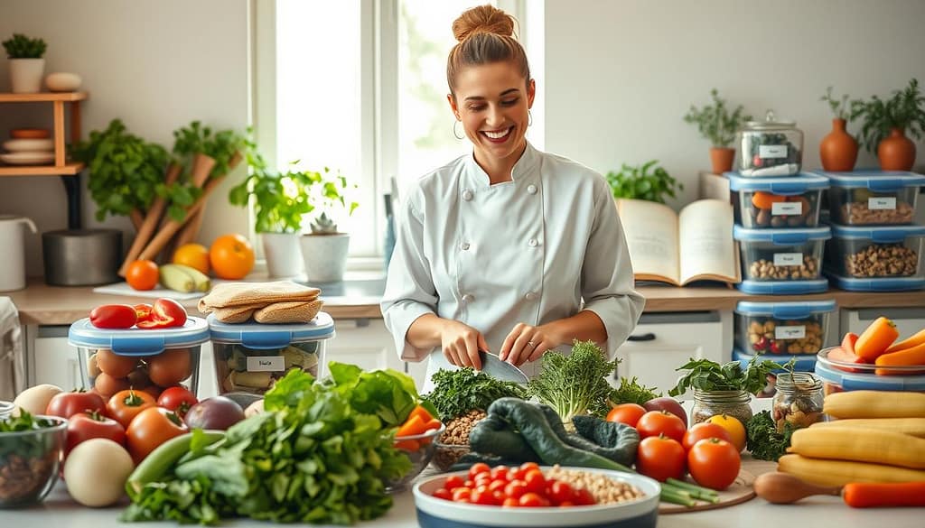 A serene kitchen environment featuring a beautifully arranged table filled with a variety of colorful, healthy meal prep items like fresh vegetables, whole grains, lean proteins, and herbs. In the foreground, a friendly, professional chef in modest casual attire is carefully chopping vegetables, showcasing the close connection between food preparation and family health. In the middle ground, neatly labeled storage containers are stacked, emphasizing organization in meal planning. The background reveals a sunlit window with potted herbs and a balanced recipe book open, creating an inviting atmosphere. Soft, natural lighting enhances the freshness of ingredients, while a warm, welcoming color palette promotes a sense of safety and wellness, appealing to health-conscious parents. A serene kitchen environment featuring a beautifully arranged table filled with a variety of colorful, healthy meal prep items like fresh vegetables, whole grains, lean proteins, and herbs. In the foreground, a friendly, professional chef in modest casual attire is carefully chopping vegetables, showcasing the close connection between food preparation and family health. In the middle ground, neatly labeled storage containers are stacked, emphasizing organization in meal planning. The background reveals a sunlit window with potted herbs and a balanced recipe book open, creating an inviting atmosphere. Soft, natural lighting enhances the freshness of ingredients, while a warm, welcoming color palette promotes a sense of safety and wellness, appealing to health-conscious parents.