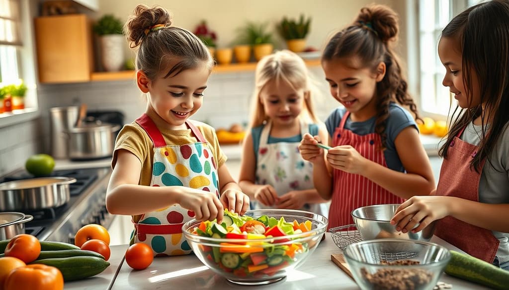 A vibrant kitchen scene filled with warmth and energy, featuring a diverse group of children aged 6-10 actively engaged in cooking. In the foreground, a child wearing a colorful apron is stirring a bowl of fresh salad ingredients, showcasing bright vegetables like tomatoes, cucumbers, and carrots. Another child beside them is carefully measuring out spices using fun measuring cups. The middle ground is bustling with pots on the stove and a countertop adorned with fresh fruits and baking supplies, reflecting a healthy cooking atmosphere. The background shows a cozy kitchen with sunlit windows and cheerful decor, enhancing a family-friendly vibe. The scene is bathed in soft, natural lighting, creating a sunny and inviting atmosphere. Capture the joy and teamwork of children learning to cook, ensuring all subjects are dressed in modest, casual clothing.