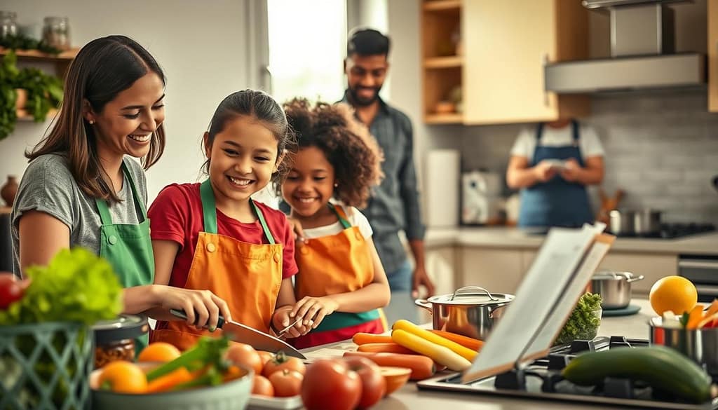 A vibrant scene capturing a healthy family transformation centered around child involvement in meal preparation. In the foreground, a smiling mother and her child, aged around 8, wearing colorful aprons, are excitedly chopping vegetables together, with the mother guiding her child’s actions. In the middle ground, a well-organized kitchen showcases fresh fruits and vegetables, pots simmering on the stove, and an open recipe book. In the background, a father watches proudly from the kitchen counter while planning the meal, highlighting family engagement. Soft, natural lighting streams in through a window, creating a warm and inviting atmosphere. The scene reflects encouragement and joy in healthy eating, emphasizing teamwork and education. Capture this image with a warm, inviting tone and a focus on family dynamics without any distractions. A vibrant scene capturing a healthy family transformation centered around child involvement in meal preparation. In the foreground, a smiling mother and her child, aged around 8, wearing colorful aprons, are excitedly chopping vegetables together, with the mother guiding her child’s actions. In the middle ground, a well-organized kitchen showcases fresh fruits and vegetables, pots simmering on the stove, and an open recipe book. In the background, a father watches proudly from the kitchen counter while planning the meal, highlighting family engagement. Soft, natural lighting streams in through a window, creating a warm and inviting atmosphere. The scene reflects encouragement and joy in healthy eating, emphasizing teamwork and education. Capture this image with a warm, inviting tone and a focus on family dynamics without any distractions.
