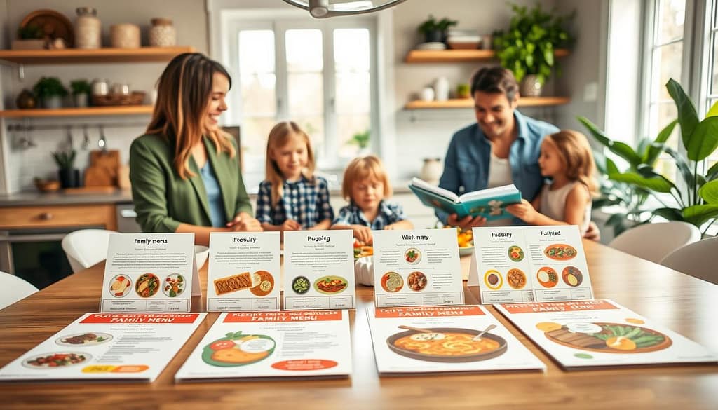 A warm and inviting kitchen scene depicting a stylish dining table set with customized family menus showcasing various meal options. The foreground features colorful, neatly arranged menu cards with illustrations of healthy, appealing dishes and flexible meal planning options. In the middle ground, a family of four—two parents in casual yet professional clothing and two children—are engaged in conversation while reviewing the menus, radiating a sense of organization and calm. The background includes soft, natural lighting filtering through a window, and shelves stocked with fresh ingredients, emphasizing a homey atmosphere. A cozy rug and green plants enhance the relaxed yet productive feel of meal planning, capturing the essence of adaptability for busy family schedules. A warm and inviting kitchen scene depicting a stylish dining table set with customized family menus showcasing various meal options. The foreground features colorful, neatly arranged menu cards with illustrations of healthy, appealing dishes and flexible meal planning options. In the middle ground, a family of four—two parents in casual yet professional clothing and two children—are engaged in conversation while reviewing the menus, radiating a sense of organization and calm. The background includes soft, natural lighting filtering through a window, and shelves stocked with fresh ingredients, emphasizing a homey atmosphere. A cozy rug and green plants enhance the relaxed yet productive feel of meal planning, capturing the essence of adaptability for busy family schedules.