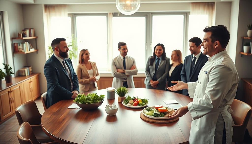 A warm and inviting meeting room with a round wooden table set for a discussion on building trust in business partnerships. In the foreground, a smiling personal chef in a crisp white chef’s coat and apron is presenting a beautifully arranged platter of fresh ingredients, symbolizing transparency and quality. In the middle, a diverse group of clients in professional business attire are attentively engaging with the chef, demonstrating open communication and collaboration. Soft, natural lighting streams through large windows, creating a welcoming atmosphere. In the background, shelves filled with cookbooks and potted herbs reflect a cozy, personal touch. The overall mood is one of trust, warmth, and professionalism, emphasizing the importance of transparency in client relationships.