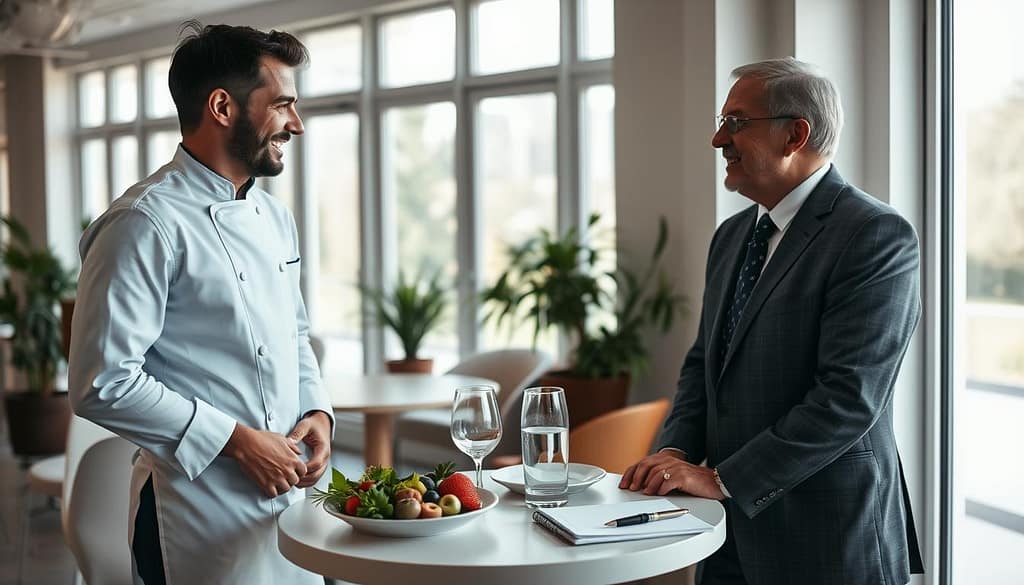 A warm, inviting office setting showcasing a long-term customer service partnership between a personal chef and a satisfied client. In the foreground, a professional-looking personal chef in a white chef coat and apron is engaged in a friendly conversation with a client, a well-dressed middle-aged man in a tailored suit, both smiling warmly. The middle ground features a round table with a beautifully arranged table setting, symbolizing the chef's culinary offerings, along with a notepad and pen highlighting planning and commitment. In the background, large windows let in soft, natural light, illuminating the room with a bright, positive atmosphere. The angle is slightly elevated, capturing the interactions and details to evoke a sense of trust and collaboration, with a focus on long-term relationship development. A warm, inviting office setting showcasing a long-term customer service partnership between a personal chef and a satisfied client. In the foreground, a professional-looking personal chef in a white chef coat and apron is engaged in a friendly conversation with a client, a well-dressed middle-aged man in a tailored suit, both smiling warmly. The middle ground features a round table with a beautifully arranged table setting, symbolizing the chef's culinary offerings, along with a notepad and pen highlighting planning and commitment. In the background, large windows let in soft, natural light, illuminating the room with a bright, positive atmosphere. The angle is slightly elevated, capturing the interactions and details to evoke a sense of trust and collaboration, with a focus on long-term relationship development.