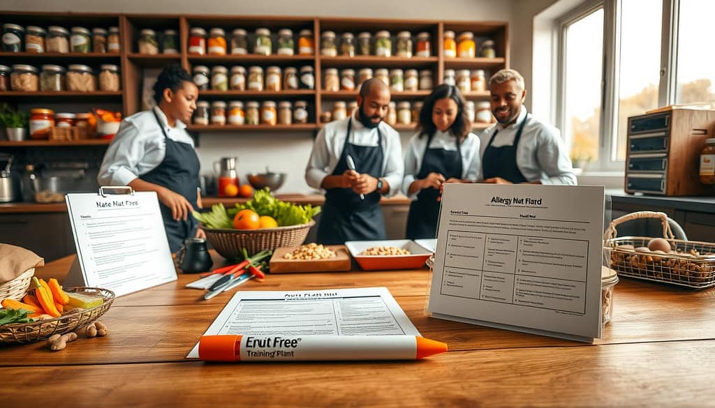 A well-organized kitchen workspace showcasing a nut-free meal planning setup for emergency preparedness. In the foreground, a wooden table is neatly arranged with colorful ingredients such as vegetables, grains, and labels indicating "Nut-Free" meals. An EpiPen in a training kit sits prominently beside a detailed allergy action plan sheet. In the middle ground, a diverse array of professional chefs in business attire plan menus together, discussing strategies with a sense of teamwork. The background features shelves filled with labeled jars of safe meal ingredients, with a calm, well-lit ambiance created by warm, natural light coming through the window. The atmosphere conveys a professional yet inviting space focused on safety and inclusivity for food-allergic families. A well-organized kitchen workspace showcasing a nut-free meal planning setup for emergency preparedness. In the foreground, a wooden table is neatly arranged with colorful ingredients such as vegetables, grains, and labels indicating "Nut-Free" meals. An EpiPen in a training kit sits prominently beside a detailed allergy action plan sheet. In the middle ground, a diverse array of professional chefs in business attire plan menus together, discussing strategies with a sense of teamwork. The background features shelves filled with labeled jars of safe meal ingredients, with a calm, well-lit ambiance created by warm, natural light coming through the window. The atmosphere conveys a professional yet inviting space focused on safety and inclusivity for food-allergic families.