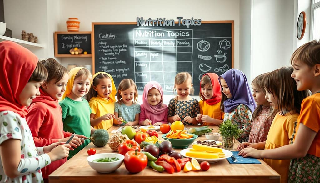 In a bright and inviting kitchen setting, a diverse group of children aged 6-10, dressed in colorful, modest casual clothing, enthusiastically gathers around a table filled with vibrant fruits, vegetables, and healthy snacks. Some kids are engaged in preparation, chopping colorful peppers and arranging fruits into fun shapes, while others are eagerly discussing ideas. In the background, a chalkboard displays a colorful weekly planning chart titled "Nutrition Topics" with sketches of various healthy foods. Soft, natural light streams through a window, creating a warm and cheerful atmosphere. The scene captures the joy of learning about nutrition while highlighting the importance of healthy eating in a family setting, evoking a sense of community and excitement about wholesome food choices. In a bright and inviting kitchen setting, a diverse group of children aged 6-10, dressed in colorful, modest casual clothing, enthusiastically gathers around a table filled with vibrant fruits, vegetables, and healthy snacks. Some kids are engaged in preparation, chopping colorful peppers and arranging fruits into fun shapes, while others are eagerly discussing ideas. In the background, a chalkboard displays a colorful weekly planning chart titled "Nutrition Topics" with sketches of various healthy foods. Soft, natural light streams through a window, creating a warm and cheerful atmosphere. The scene captures the joy of learning about nutrition while highlighting the importance of healthy eating in a family setting, evoking a sense of community and excitement about wholesome food choices.