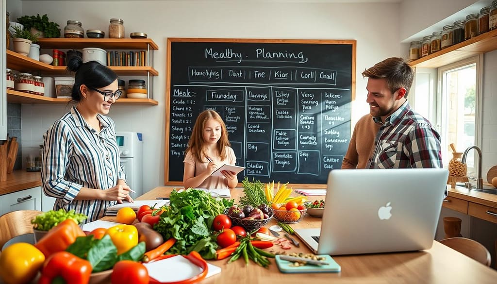 A bright and inviting kitchen scene featuring a diverse family of four collaborating on meal planning. In the foreground, a table is adorned with colorful fresh vegetables, notebooks, and a laptop displaying recipes. The mother, dressed in casual but professional attire, writes notes, while the father, in a smart-casual shirt, discusses ideas with their teenage children, who share their thoughts enthusiastically. In the middle ground, a large chalkboard lists meal plans and a calendar for the week. Natural light streams in through a window, creating a warm and friendly atmosphere. The background includes shelves filled with cookbooks and jars of spices, enhancing the sense of a productive home environment focused on healthy eating. A bright and inviting kitchen scene featuring a diverse family of four collaborating on meal planning. In the foreground, a table is adorned with colorful fresh vegetables, notebooks, and a laptop displaying recipes. The mother, dressed in casual but professional attire, writes notes, while the father, in a smart-casual shirt, discusses ideas with their teenage children, who share their thoughts enthusiastically. In the middle ground, a large chalkboard lists meal plans and a calendar for the week. Natural light streams in through a window, creating a warm and friendly atmosphere. The background includes shelves filled with cookbooks and jars of spices, enhancing the sense of a productive home environment focused on healthy eating.