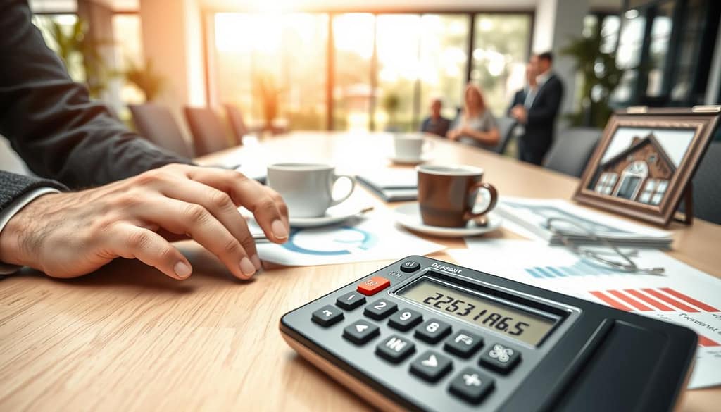 A close-up of a calculator with a digital display showing a deposit amount figure in a modern office setting. In the foreground, a pair of hands in professional attire are typing on the calculator, with charts and graphs representing percentages and retainer fees scattered around. The middle ground features a clean, organized desk with a styled coffee cup, notepad, and a family-friendly atmosphere indicated by a framed photo of a happy family alongside business documents. The background shows a softly lit office space with large windows allowing natural light to filter in, creating a warm, inviting ambiance. The mood is focused yet balanced, conveying a sense of professionalism and care. The overall lighting is bright but gentle, highlighting key elements without harsh shadows. A close-up of a calculator with a digital display showing a deposit amount figure in a modern office setting. In the foreground, a pair of hands in professional attire are typing on the calculator, with charts and graphs representing percentages and retainer fees scattered around. The middle ground features a clean, organized desk with a styled coffee cup, notepad, and a family-friendly atmosphere indicated by a framed photo of a happy family alongside business documents. The background shows a softly lit office space with large windows allowing natural light to filter in, creating a warm, inviting ambiance. The mood is focused yet balanced, conveying a sense of professionalism and care. The overall lighting is bright but gentle, highlighting key elements without harsh shadows.