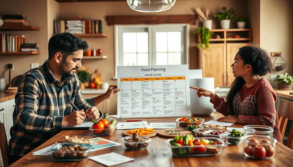 A cozy family meal planning scene set in a warm, inviting kitchen. In the foreground, a diverse family—parents and two children—are gathered around a wooden table covered with colorful recipe cards, fresh vegetables, and meal containers. The father writes on a whiteboard, while the mother reviews a vibrant food calendar featuring school nutrition goals. The children are enthusiastically pointing at the calendar, showcasing their involvement in the planning. In the middle ground, a large window lets in soft, natural light that enhances the atmosphere of togetherness and collaboration. In the background, shelves filled with cookbooks and potted herbs create a homely feel. Capture the mood of community and family engagement in healthy meal planning, with a focus on light and warmth. A cozy family meal planning scene set in a warm, inviting kitchen. In the foreground, a diverse family—parents and two children—are gathered around a wooden table covered with colorful recipe cards, fresh vegetables, and meal containers. The father writes on a whiteboard, while the mother reviews a vibrant food calendar featuring school nutrition goals. The children are enthusiastically pointing at the calendar, showcasing their involvement in the planning. In the middle ground, a large window lets in soft, natural light that enhances the atmosphere of togetherness and collaboration. In the background, shelves filled with cookbooks and potted herbs create a homely feel. Capture the mood of community and family engagement in healthy meal planning, with a focus on light and warmth.