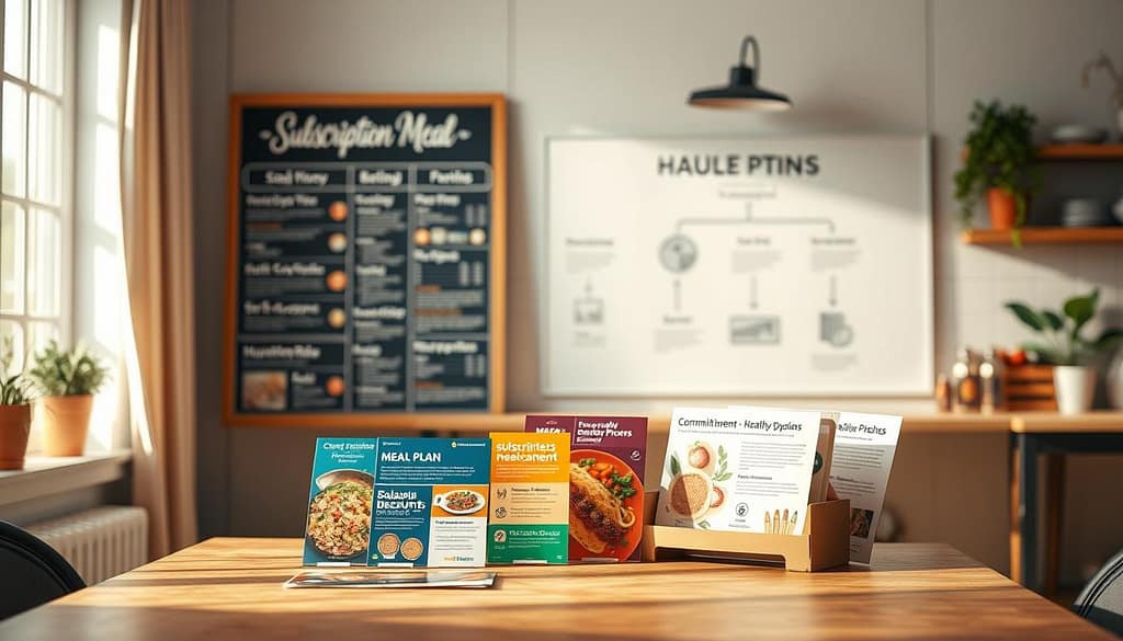 A cozy, well-lit workspace featuring an elegantly designed menu board for subscription meal plans. In the foreground, a wooden table displays colorful, neatly arranged meal plan brochures, showcasing various tiers with balanced healthy options. The middle ground features an aesthetically pleasing wall with a flowchart illustrating “Commitment Discounts,” “Pause,” “Skip,” and “Vacation” rules. Soft natural light filters through a nearby window, creating a warm atmosphere. The background includes potted plants and subtle hints of kitchen decor, enhancing the inviting vibe. Use a shallow depth of field to keep the focus on the menu board and brochures, while softly blurring the background elements. Aim for a professional, informative, yet warm ambiance, reflecting a sensible approach to family meal planning. A cozy, well-lit workspace featuring an elegantly designed menu board for subscription meal plans. In the foreground, a wooden table displays colorful, neatly arranged meal plan brochures, showcasing various tiers with balanced healthy options. The middle ground features an aesthetically pleasing wall with a flowchart illustrating “Commitment Discounts,” “Pause,” “Skip,” and “Vacation” rules. Soft natural light filters through a nearby window, creating a warm atmosphere. The background includes potted plants and subtle hints of kitchen decor, enhancing the inviting vibe. Use a shallow depth of field to keep the focus on the menu board and brochures, while softly blurring the background elements. Aim for a professional, informative, yet warm ambiance, reflecting a sensible approach to family meal planning.