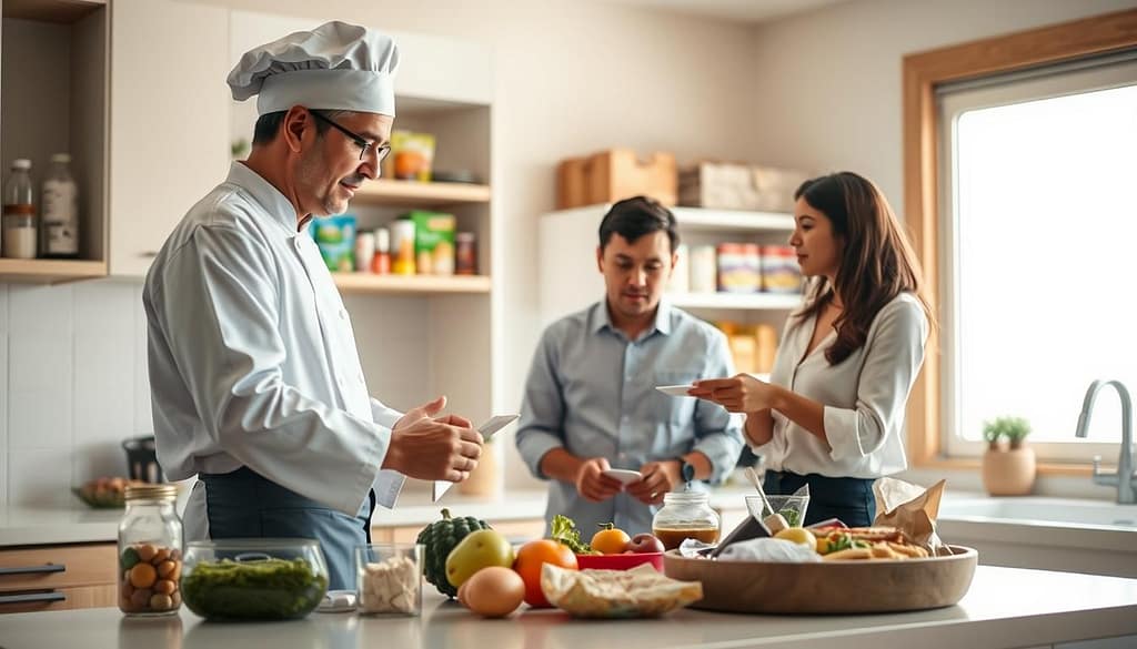 A professional family chef is conducting a kitchen evaluation with a health-conscious family. In the foreground, the chef, dressed in a white coat and a chef's hat, is attentively reviewing food items on a clean kitchen counter. Beside them, a couple, dressed in modest casual clothing, actively engages, looking at labels and discussing food choices. In the middle ground, shelves filled with various food products and a neatly organized pantry are visible, showcasing healthy options and a few less healthy snacks. The background features a well-lit, modern kitchen with warm, inviting tones. Soft, natural light streams through a nearby window, creating a welcoming atmosphere that emphasizes the importance of a safe and healthy food environment. The scene captures a collaborative and informative mood, highlighting the family's commitment to improving their eating habits.