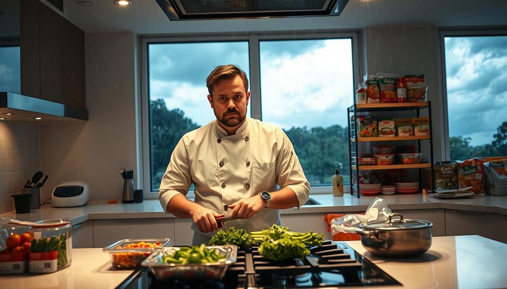 A professional personal chef in a modern kitchen, looking concerned as they deal with an unexpected weather-related power outage, cutting vegetables under ambient overhead lighting. In the foreground, there are prepared meal kits and a flickering stove, suggesting urgency. In the middle, the chef wears modest casual clothing, communicating a friendly, approachable demeanor. Behind them, rain streaks against large kitchen windows, with dark clouds visible outside, illustrating the force majeure situation. Various backup meal supplies are organized on shelves in the background, hinting at cautious preparedness. The overall atmosphere conveys a blend of anxiety and professionalism, capturing the challenges faced in a home cooking setting during unforeseen disruptions. A professional personal chef in a modern kitchen, looking concerned as they deal with an unexpected weather-related power outage, cutting vegetables under ambient overhead lighting. In the foreground, there are prepared meal kits and a flickering stove, suggesting urgency. In the middle, the chef wears modest casual clothing, communicating a friendly, approachable demeanor. Behind them, rain streaks against large kitchen windows, with dark clouds visible outside, illustrating the force majeure situation. Various backup meal supplies are organized on shelves in the background, hinting at cautious preparedness. The overall atmosphere conveys a blend of anxiety and professionalism, capturing the challenges faced in a home cooking setting during unforeseen disruptions.
