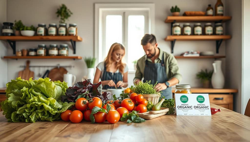A serene kitchen scene emphasizing organic certification standards for families committed to clean eating. In the foreground, a beautiful wooden table displays an assortment of fresh, vibrant organic produce—lettuces, tomatoes, and herbs, arranged artistically. In the middle ground, a couple dressed in modest, casual clothing collaborates on meal preparation, carefully reviewing certification labels. They are engaged and focused, embodying a sense of trust and care in their food choices. In the background, soft natural light filters through a window, illuminating rustic shelves filled with jars labeled with organic certifications, creating an atmosphere of warmth and tranquility. The image captures the essence of quality and dedication to health, emphasizing a clean, welcoming environment. A serene kitchen scene emphasizing organic certification standards for families committed to clean eating. In the foreground, a beautiful wooden table displays an assortment of fresh, vibrant organic produce—lettuces, tomatoes, and herbs, arranged artistically. In the middle ground, a couple dressed in modest, casual clothing collaborates on meal preparation, carefully reviewing certification labels. They are engaged and focused, embodying a sense of trust and care in their food choices. In the background, soft natural light filters through a window, illuminating rustic shelves filled with jars labeled with organic certifications, creating an atmosphere of warmth and tranquility. The image captures the essence of quality and dedication to health, emphasizing a clean, welcoming environment.