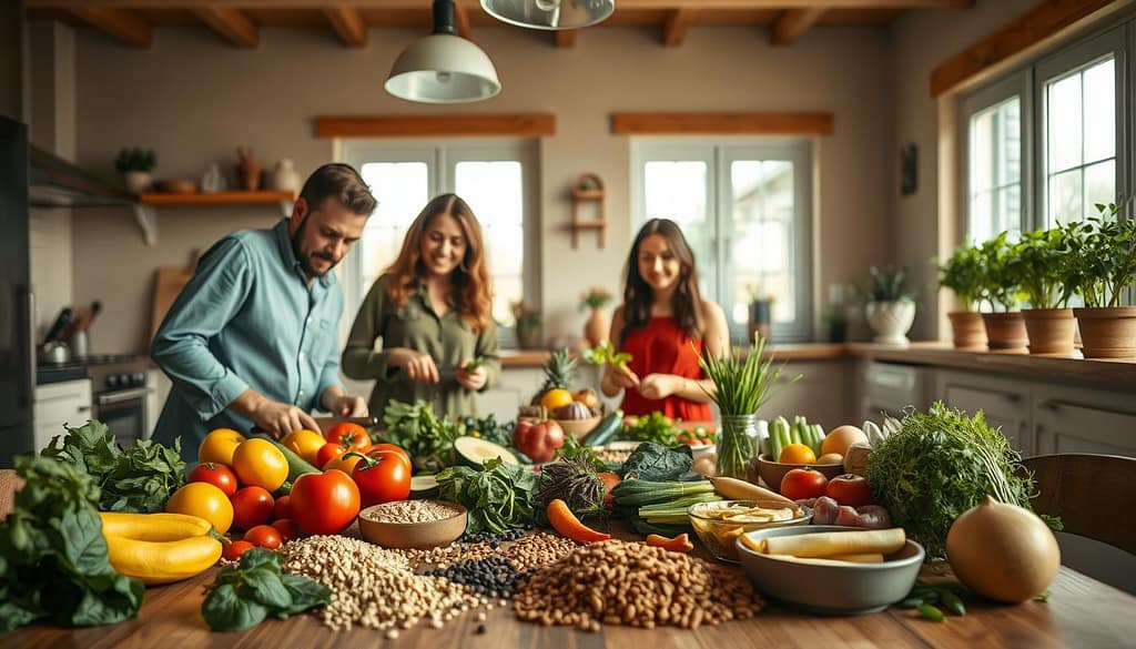A vibrant and inviting kitchen scene showcasing a family preparing a healthy meal together. In the foreground, a diverse family of four, dressed in modest casual clothing, is engaged in chopping fresh vegetables and herbs, promoting a sense of togetherness. The middle ground features a wooden dining table filled with colorful, organic ingredients—fruits, vegetables, whole grains, and legumes—arranged in an aesthetically pleasing manner. In the background, large windows let in bright, natural light, illuminating pots of herbs on the windowsill, suggesting a connection with nature. The atmosphere is warm and cheerful, evoking a sense of community and sustainability in food choices. The perspective is slightly elevated, capturing the scene from an angle that emphasizes both the family interaction and the abundance of organic produce. A vibrant and inviting kitchen scene showcasing a family preparing a healthy meal together. In the foreground, a diverse family of four, dressed in modest casual clothing, is engaged in chopping fresh vegetables and herbs, promoting a sense of togetherness. The middle ground features a wooden dining table filled with colorful, organic ingredients—fruits, vegetables, whole grains, and legumes—arranged in an aesthetically pleasing manner. In the background, large windows let in bright, natural light, illuminating pots of herbs on the windowsill, suggesting a connection with nature. The atmosphere is warm and cheerful, evoking a sense of community and sustainability in food choices. The perspective is slightly elevated, capturing the scene from an angle that emphasizes both the family interaction and the abundance of organic produce.