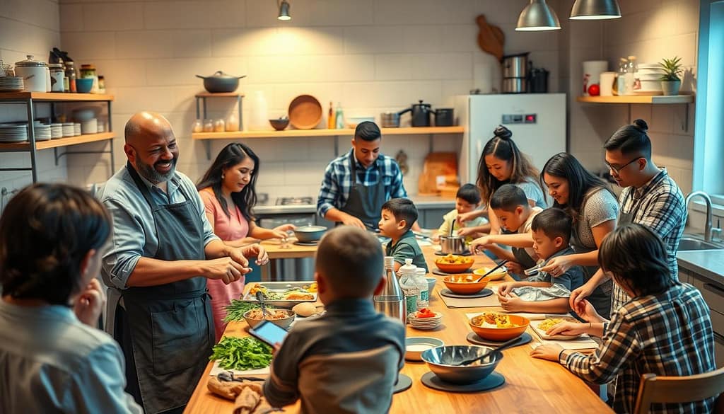 A vibrant and inviting kitchen setting featuring a diverse group of families participating in a cooking class. In the foreground, a cheerful instructor in a professional apron demonstrates a cooking technique to both adults and children, who are attentively engaged, wearing casual yet modest clothing. In the middle ground, several tables are arranged with various cooking ingredients and tools, creating an interactive atmosphere of collaboration. The background shows a well-equipped kitchen with shelves filled with spices, pots, and utensils, illuminated by bright, warm lighting that evokes a sense of community and excitement. The scene captures the contrast of group sessions with a small table in the corner where a private session is taking place, featuring a focused couple receiving personalized guidance. The overall mood is joyful and educational, emphasizing connection through cooking. A vibrant and inviting kitchen setting featuring a diverse group of families participating in a cooking class. In the foreground, a cheerful instructor in a professional apron demonstrates a cooking technique to both adults and children, who are attentively engaged, wearing casual yet modest clothing. In the middle ground, several tables are arranged with various cooking ingredients and tools, creating an interactive atmosphere of collaboration. The background shows a well-equipped kitchen with shelves filled with spices, pots, and utensils, illuminated by bright, warm lighting that evokes a sense of community and excitement. The scene captures the contrast of group sessions with a small table in the corner where a private session is taking place, featuring a focused couple receiving personalized guidance. The overall mood is joyful and educational, emphasizing connection through cooking.
