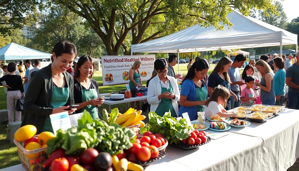 A vibrant community nutrition services event set in a local park. In the foreground, a table adorned with colorful fruits, vegetables, and healthy recipe brochures, manned by friendly, professionally dressed individuals engaging with visitors, including families and children. In the middle ground, various activity stations display cooking demonstrations and nutrition education, with eager participants sampling dishes. The background features a canopy with banners promoting neighborhood health and wellness, under a bright, sunny sky. Soft, warm lighting enhances the inviting atmosphere, captured with a shallow depth of field to focus on the engaging interactions. The scene embodies a sense of community and enthusiasm for healthy eating. A vibrant community nutrition services event set in a local park. In the foreground, a table adorned with colorful fruits, vegetables, and healthy recipe brochures, manned by friendly, professionally dressed individuals engaging with visitors, including families and children. In the middle ground, various activity stations display cooking demonstrations and nutrition education, with eager participants sampling dishes. The background features a canopy with banners promoting neighborhood health and wellness, under a bright, sunny sky. Soft, warm lighting enhances the inviting atmosphere, captured with a shallow depth of field to focus on the engaging interactions. The scene embodies a sense of community and enthusiasm for healthy eating.
