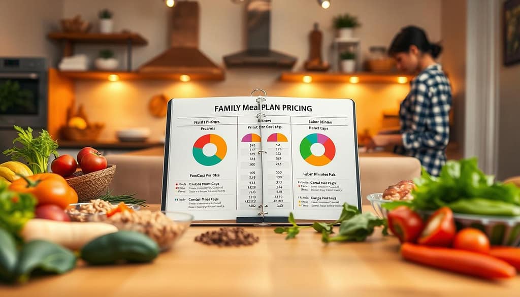 A visually engaging image depicting a family meal plan pricing sheet focused on health and budget. In the foreground, a neatly arranged table with colorful, fresh ingredients like vegetables, grains, and proteins, symbolizing healthy meal options. The middle layer features an open notebook or digital tablet displaying pie charts and graphs illustrating pricing tiers, food cost caps, and labor minutes per dish, all laid out clearly. In the background, a cozy kitchen scene with warm, inviting lighting, and a family member in modest casual clothing thoughtfully preparing meals. The atmosphere is one of organization and family collaboration, promoting healthy meal planning. Use a soft focus lens to create a gentle, inviting ambiance, emphasizing the family-friendly concept. A visually engaging image depicting a family meal plan pricing sheet focused on health and budget. In the foreground, a neatly arranged table with colorful, fresh ingredients like vegetables, grains, and proteins, symbolizing healthy meal options. The middle layer features an open notebook or digital tablet displaying pie charts and graphs illustrating pricing tiers, food cost caps, and labor minutes per dish, all laid out clearly. In the background, a cozy kitchen scene with warm, inviting lighting, and a family member in modest casual clothing thoughtfully preparing meals. The atmosphere is one of organization and family collaboration, promoting healthy meal planning. Use a soft focus lens to create a gentle, inviting ambiance, emphasizing the family-friendly concept.