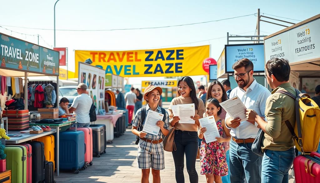 A visually engaging scene depicting various "travel zones" designed for families, showcasing a vibrant travel marketplace. In the foreground, feature a family joyfully interacting with friendly vendors discussing travel equipment and fees. The vendors, dressed in professional attire, hold transparent quotes and invoices, emphasizing clear language about pricing. In the middle ground, display colorful stands filled with travel gear, from suitcases to camping equipment, inviting families to explore. The background reveals a sunny outdoor setting with cheerful travel banners and well-defined FAQs displayed on digital screens. Capture the atmosphere with warm, natural lighting, simulating a bright day, using a slightly elevated angle for a comprehensive view of the bustling travel zone, evoking a sense of community and transparency. A visually engaging scene depicting various "travel zones" designed for families, showcasing a vibrant travel marketplace. In the foreground, feature a family joyfully interacting with friendly vendors discussing travel equipment and fees. The vendors, dressed in professional attire, hold transparent quotes and invoices, emphasizing clear language about pricing. In the middle ground, display colorful stands filled with travel gear, from suitcases to camping equipment, inviting families to explore. The background reveals a sunny outdoor setting with cheerful travel banners and well-defined FAQs displayed on digital screens. Capture the atmosphere with warm, natural lighting, simulating a bright day, using a slightly elevated angle for a comprehensive view of the bustling travel zone, evoking a sense of community and transparency.