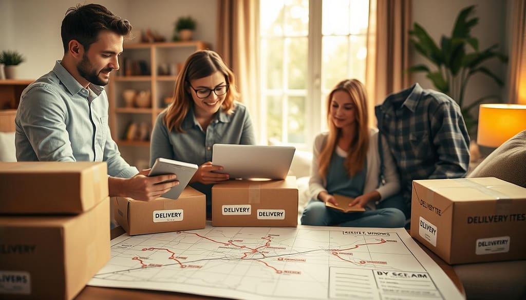 A visually engaging scene illustrating efficient family scheduling etiquette related to routing and delivery windows. In the foreground, a family of four, dressed in smart casual attire, consults a detailed digital calendar on a tablet, surrounded by boxes labeled for delivery. In the middle ground, a well-organized map displaying clear routes with highlighted delivery points, emphasizing efficiency and planning. The background shows a cozy home environment with soft, warm lighting filtering through a window, creating a welcoming atmosphere. The angle is slightly elevated, providing a comprehensive view of the family’s interaction with their scheduling tools and delivery boxes. The overall mood conveys harmonized family coordination and thoughtful planning, embodying the essence of organized delivery logistics. A visually engaging scene illustrating efficient family scheduling etiquette related to routing and delivery windows. In the foreground, a family of four, dressed in smart casual attire, consults a detailed digital calendar on a tablet, surrounded by boxes labeled for delivery. In the middle ground, a well-organized map displaying clear routes with highlighted delivery points, emphasizing efficiency and planning. The background shows a cozy home environment with soft, warm lighting filtering through a window, creating a welcoming atmosphere. The angle is slightly elevated, providing a comprehensive view of the family’s interaction with their scheduling tools and delivery boxes. The overall mood conveys harmonized family coordination and thoughtful planning, embodying the essence of organized delivery logistics.