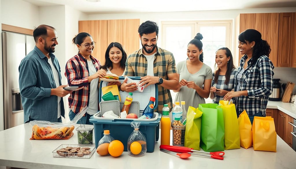 A visually striking scene showcasing a family efficiently packing a cooler with travel essentials in a bright, well-lit kitchen. In the foreground, a diverse family of four, dressed in modest casual clothing, is actively engaged in packing and organizing items like sandwiches, fruits, and drinks into a sturdy cooler. In the middle ground, a spacious kitchen countertop is filled with colorful grocery bags and neatly arranged utensils, creating a sense of preparation and organization. The background features warm wooden cabinets and a window allowing natural light to pour in, enhancing the sense of a welcoming and functional space. The overall atmosphere is bright and positive, emphasizing the theme of efficient pre-travel shopping and preparation, highlighted by cheerful laughter and teamwork.