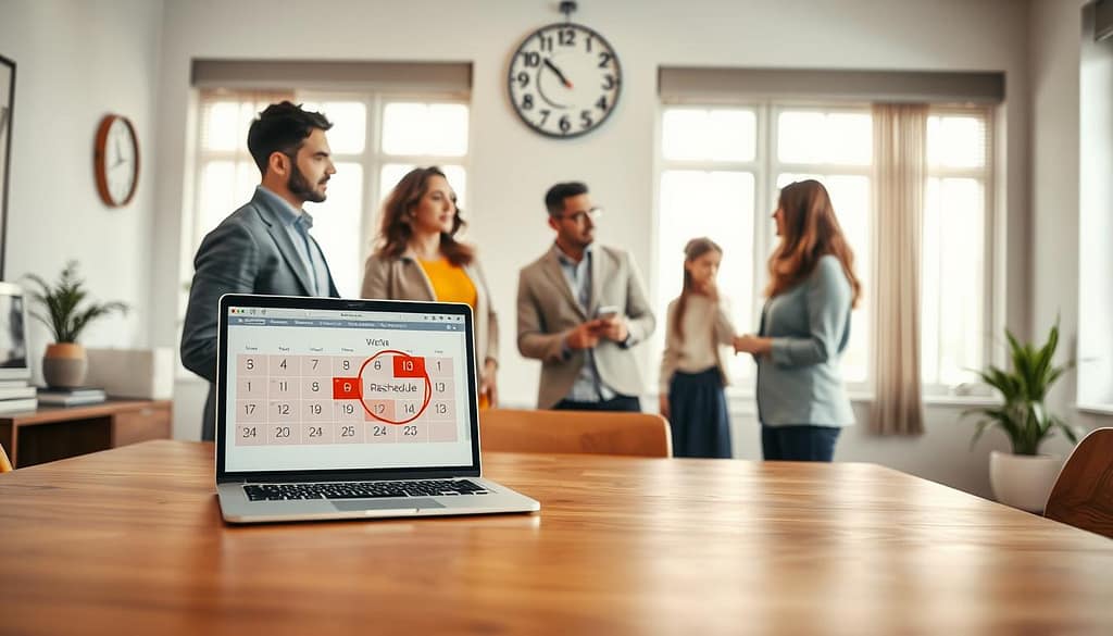 A warm, inviting office setting with a large wooden desk in the foreground. On the desk, a laptop displays an online calendar with a highlighted date circled in red, symbolizing a reschedule. A family of four, dressed in smart casual attire, is discussing their plans, showing signs of concern yet determination. In the middle ground, a wall clock ticks away, adding a sense of urgency to the scene. The background features a large window letting in soft, natural light, illuminating the space and giving it a hopeful atmosphere. The overall mood is one of proactive decision-making, balancing family responsibilities and unexpected changes. The composition is captured with a slight depth of field effect to emphasize the family and the calendar while softening the background details. A warm, inviting office setting with a large wooden desk in the foreground. On the desk, a laptop displays an online calendar with a highlighted date circled in red, symbolizing a reschedule. A family of four, dressed in smart casual attire, is discussing their plans, showing signs of concern yet determination. In the middle ground, a wall clock ticks away, adding a sense of urgency to the scene. The background features a large window letting in soft, natural light, illuminating the space and giving it a hopeful atmosphere. The overall mood is one of proactive decision-making, balancing family responsibilities and unexpected changes. The composition is captured with a slight depth of field effect to emphasize the family and the calendar while softening the background details.