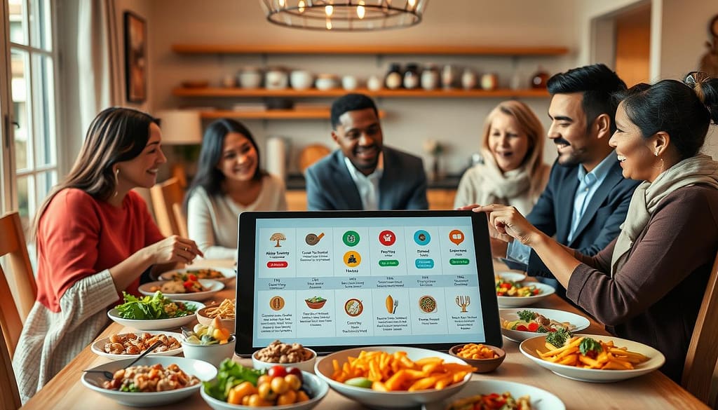 A warmly lit dining room setting, featuring a beautifully arranged family meal table filled with colorful, allergy-friendly dishes. In the foreground, a diverse group of four individuals, dressed in professional business attire and modest casual clothing, is engaged in a lively discussion about meal planning. The middle ground showcases a large tablet or menu with visually appealing graphics illustrating different meal pricing options and allergy management strategies. In the background, a cozy kitchen can be seen, with shelves displaying allergy-safe ingredients. The atmosphere is inviting and informative, emphasizing health and wellness in a family context. Soft, natural lighting enhances the warmth of the scene, creating a sense of comfort and professionalism. A warmly lit dining room setting, featuring a beautifully arranged family meal table filled with colorful, allergy-friendly dishes. In the foreground, a diverse group of four individuals, dressed in professional business attire and modest casual clothing, is engaged in a lively discussion about meal planning. The middle ground showcases a large tablet or menu with visually appealing graphics illustrating different meal pricing options and allergy management strategies. In the background, a cozy kitchen can be seen, with shelves displaying allergy-safe ingredients. The atmosphere is inviting and informative, emphasizing health and wellness in a family context. Soft, natural lighting enhances the warmth of the scene, creating a sense of comfort and professionalism.
