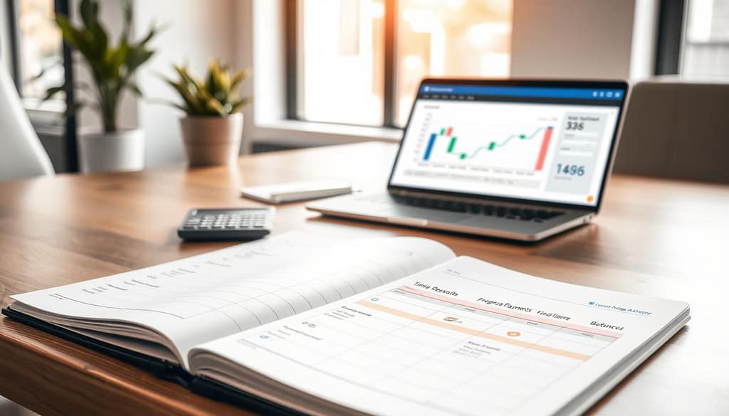 A well-organized payment schedule laid out on a sleek wooden table in a modern office. In the foreground, a neatly arranged notebook with detailed sections labeled 'Timing Deposits', 'Progress Payments', 'Final Balances', and 'Recurring Autopay', each accompanied by small, colorful icons representing financial topics. The middle ground features a calculator and a laptop displaying a cash flow chart, depicting smooth transitions in funds. In the background, soft natural light filters through a large window, casting gentle shadows, while a potted plant adds a touch of greenery. The overall atmosphere is professional, calm, and motivating, suggesting efficiency in financial management. The composition is framed from a slightly elevated angle, showcasing the tools of effective invoice and payment management.