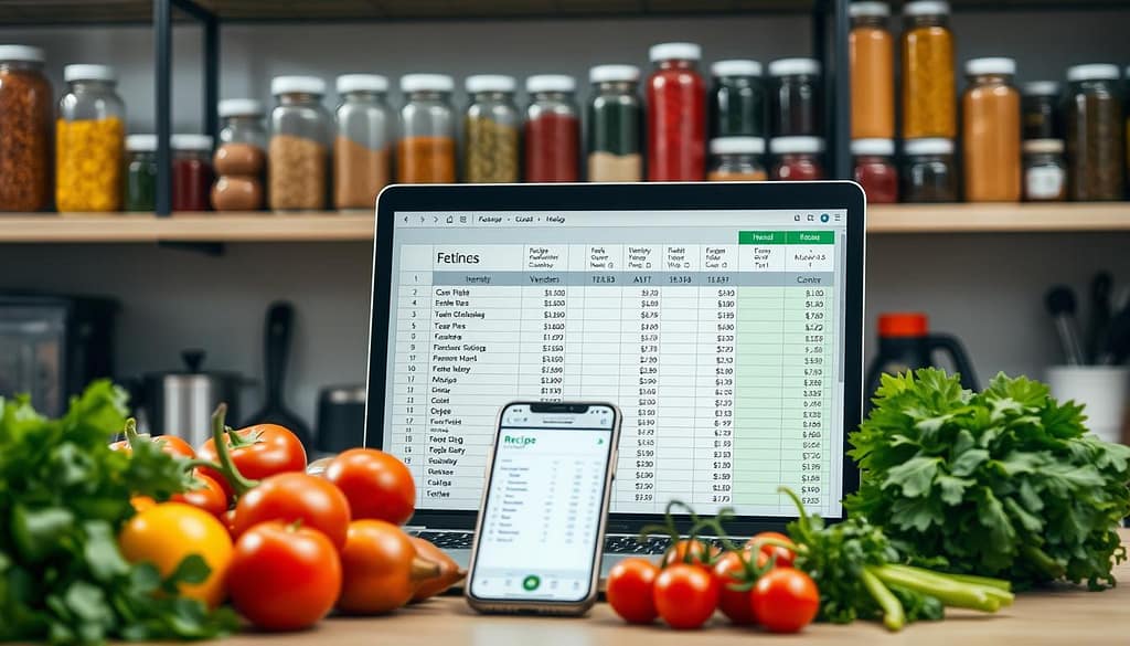 A well-organized workspace showcasing a digital spreadsheet and ingredients. In the foreground, a laptop with an open spreadsheet displaying itemized costs, vendors, and quantities, alongside colorful fresh ingredients neatly arranged—vegetables and herbs. The middle layer features a smartphone with a recipe costing app displayed, symbolizing modern technology integration. The background includes shelves stocked with various ingredient jars and containers, creating a professional kitchen atmosphere. Soft lighting illuminates the scene, with a subtle glow around the screen to emphasize the digital aspect. The mood is focused and efficient, reflecting ease in menu costing for personal chefs planning meals with volatile ingredient costs.