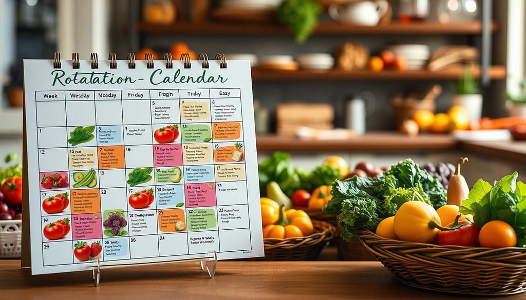 Create an image of a vibrant and organized "Rotation Calendar" showcasing a seasonal produce swap list. In the foreground, display an elegantly designed calendar with colorful sections for each week, emphasizing fresh fruits and vegetables like ripe tomatoes, crisp lettuce, and juicy berries. In the middle ground, feature a diverse array of seasonal produce, beautifully arranged in baskets, highlighting autumn squash and spring greens. In the background, a soft-focus kitchen setting with warm lighting invites a sense of home and nourishment. Capture the scene from a slightly elevated angle to provide depth and perspective, ensuring everything looks inviting and informative. The overall atmosphere should be lively and encouraging, reflecting a balance of health and budget-friendly meal planning.