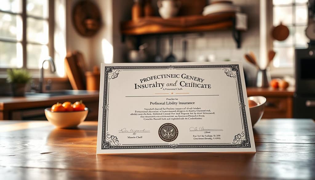 A professional general liability insurance certificate designed specifically for personal chefs, prominently displayed on a wooden kitchen table with a rustic, homey environment in the background. The foreground features the certificate with intricate borders and official seals, emphasizing its authenticity. Soft, natural lighting streams in through a window, casting gentle shadows, creating a warm and inviting atmosphere. A blurred background showcases elements of a well-equipped kitchen, including culinary tools and fresh ingredients. The overall mood evokes professionalism and trust, ideal for clients in HOA buildings and events. Framing should focus on the certificate with a slight angle to highlight details, ensuring no text or watermarks are present.