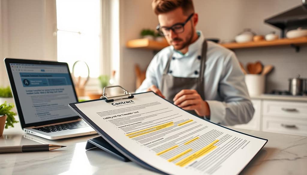 A professional home-based chef, dressed in a smart casual outfit, reviews a detailed contract at a modern kitchen countertop. In the foreground, a clipboard with highlighted sections on liability and risk transfer is visible, with the chef thoughtfully examining it. In the middle ground, a clean and organized kitchen with essential cooking tools, ingredients, and a laptop showing a digital contract related to insurance and budgeting. The background features soft natural light filtering through a window, creating a warm, inviting atmosphere. The overall mood conveys a sense of diligence, responsibility, and professionalism, emphasizing the importance of contracts and waivers in managing business risks. A professional home-based chef, dressed in a smart casual outfit, reviews a detailed contract at a modern kitchen countertop. In the foreground, a clipboard with highlighted sections on liability and risk transfer is visible, with the chef thoughtfully examining it. In the middle ground, a clean and organized kitchen with essential cooking tools, ingredients, and a laptop showing a digital contract related to insurance and budgeting. The background features soft natural light filtering through a window, creating a warm, inviting atmosphere. The overall mood conveys a sense of diligence, responsibility, and professionalism, emphasizing the importance of contracts and waivers in managing business risks.