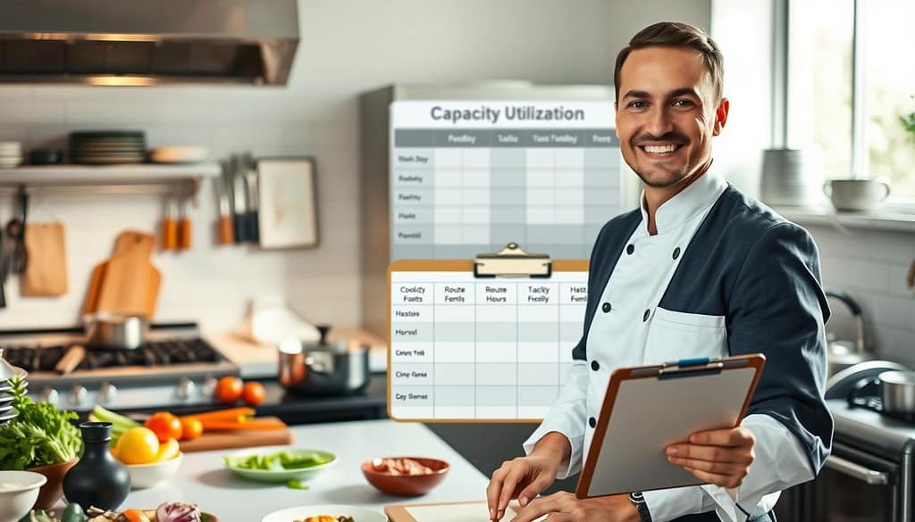 A professional kitchen setting showcasing a personal chef’s workflow, focusing on capacity utilization. In the foreground, a smiling chef in neat business attire, preparing fresh ingredients on a countertop, surrounded by various cooking tools and ingredients. In the middle ground, a well-organized schedule board displaying cook days, routes to families, and hours tracked efficiently on a clipboard. The background features a busy kitchen with stainless steel appliances, pots simmering on the stove, and family meals being plated. Soft, natural lighting filters through a window, creating a warm, inviting atmosphere. Capture this image from an angled perspective to emphasize both the chef and the organized work area, illustrating efficiency and culinary passion. A professional kitchen setting showcasing a personal chef’s workflow, focusing on capacity utilization. In the foreground, a smiling chef in neat business attire, preparing fresh ingredients on a countertop, surrounded by various cooking tools and ingredients. In the middle ground, a well-organized schedule board displaying cook days, routes to families, and hours tracked efficiently on a clipboard. The background features a busy kitchen with stainless steel appliances, pots simmering on the stove, and family meals being plated. Soft, natural lighting filters through a window, creating a warm, inviting atmosphere. Capture this image from an angled perspective to emphasize both the chef and the organized work area, illustrating efficiency and culinary passion.