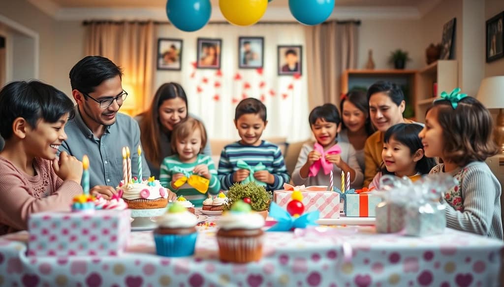 A vibrant and inviting family setting capturing the joy of birthday celebrations and school milestones. In the foreground, a diverse group of family members, dressed in modest casual attire, happily gathered around a beautifully decorated table filled with colorful birthday treats, festive cupcakes, and holiday cookie kits. The middle ground features children excitedly unwrapping gifts, with decorations such as balloons and streamers creating a lively atmosphere. In the background, a cozy living room bathed in warm, natural lighting, with soft focus on family photos adorning the walls, evoking a sense of nostalgia and togetherness. The overall mood is cheerful and heartwarming, emphasizing the joy of loyalty and connections among family clients. A vibrant and inviting family setting capturing the joy of birthday celebrations and school milestones. In the foreground, a diverse group of family members, dressed in modest casual attire, happily gathered around a beautifully decorated table filled with colorful birthday treats, festive cupcakes, and holiday cookie kits. The middle ground features children excitedly unwrapping gifts, with decorations such as balloons and streamers creating a lively atmosphere. In the background, a cozy living room bathed in warm, natural lighting, with soft focus on family photos adorning the walls, evoking a sense of nostalgia and togetherness. The overall mood is cheerful and heartwarming, emphasizing the joy of loyalty and connections among family clients.
