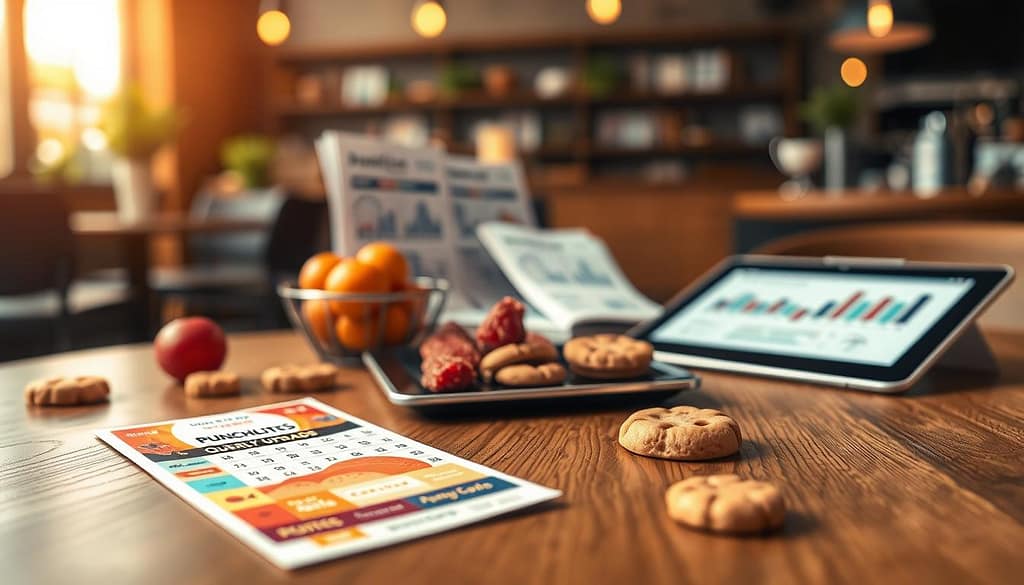 A visually engaging illustration of a "punch card loyalty program" on a wooden table. In the foreground, a colorful punch card features neatly arranged perforations and a vibrant design. Scattered around are enticing snacks like fresh fruit and cookies, symbolizing reward items. In the middle ground, a set of business documents documents represents quarterly upgrades, alongside a polished tablet showing analytics. The background softly blurs to reveal a modern café setting with warm lighting, creating an inviting and cozy atmosphere. Utilize a warm color palette to evoke a sense of friendliness and approachability. Capture the scene with a shallow depth of field to emphasize the punch card and snacks, creating a professional yet welcoming ambiance.