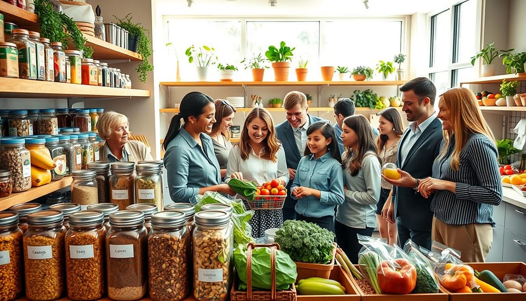 A well-organized kitchen pantry that has been freshly reset, showcasing neatly labeled jars of spices, grains, and healthy snacks in the foreground. In the middle, a diverse group of individuals, both adults and children, dressed in professional casual attire, are engaged in a grocery tour, examining colorful produce and fresh ingredients with enthusiasm. The background features a bright, welcoming kitchen filled with natural light streaming through large windows, highlighting a modern aesthetic with wooden shelves and greenery. The atmosphere is lively and educational, conveying a sense of teamwork and learning. The image should be captured with a wide-angle lens to encompass the entire scene, creating a warm, inviting feeling that promotes health and wellness.