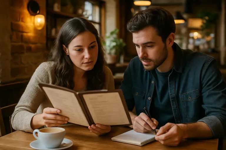 A notebook with dining notes beside plates and flatware